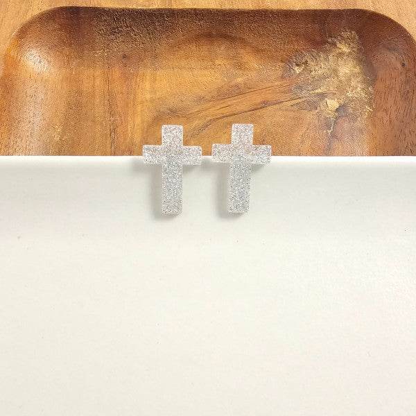 Cross Studs - Silver Glitter