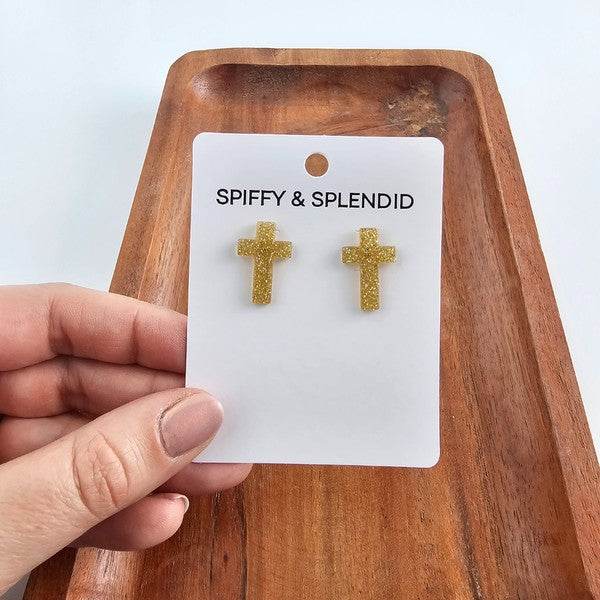 Cross Studs - Gold Glitter