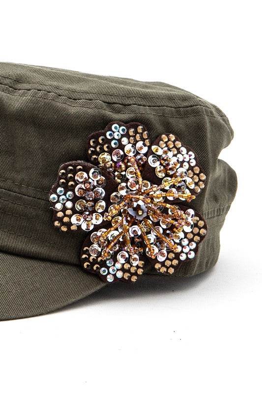 Beaded 3D Flower Statement Cadet Cap
