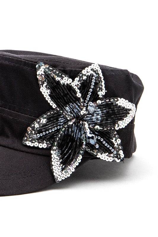 Beaded 3D Flower Statement Cadet Hat