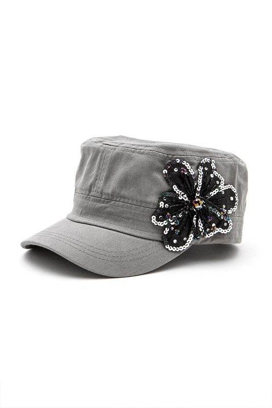 Sequins Beaded 3D Flower Statement Cadet Hat