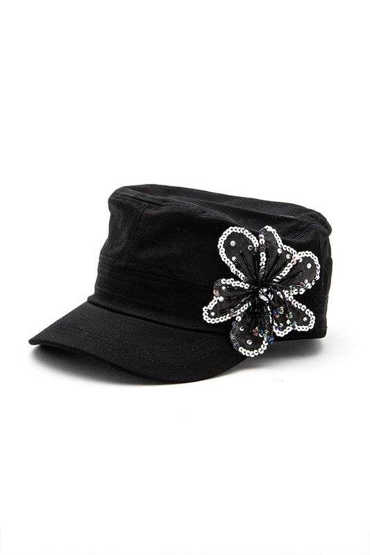 Sequins Beaded 3D Flower Statement Cadet Hat