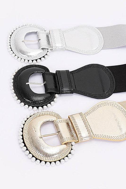 Pearl Accent Metallic Elastic Wide Belt