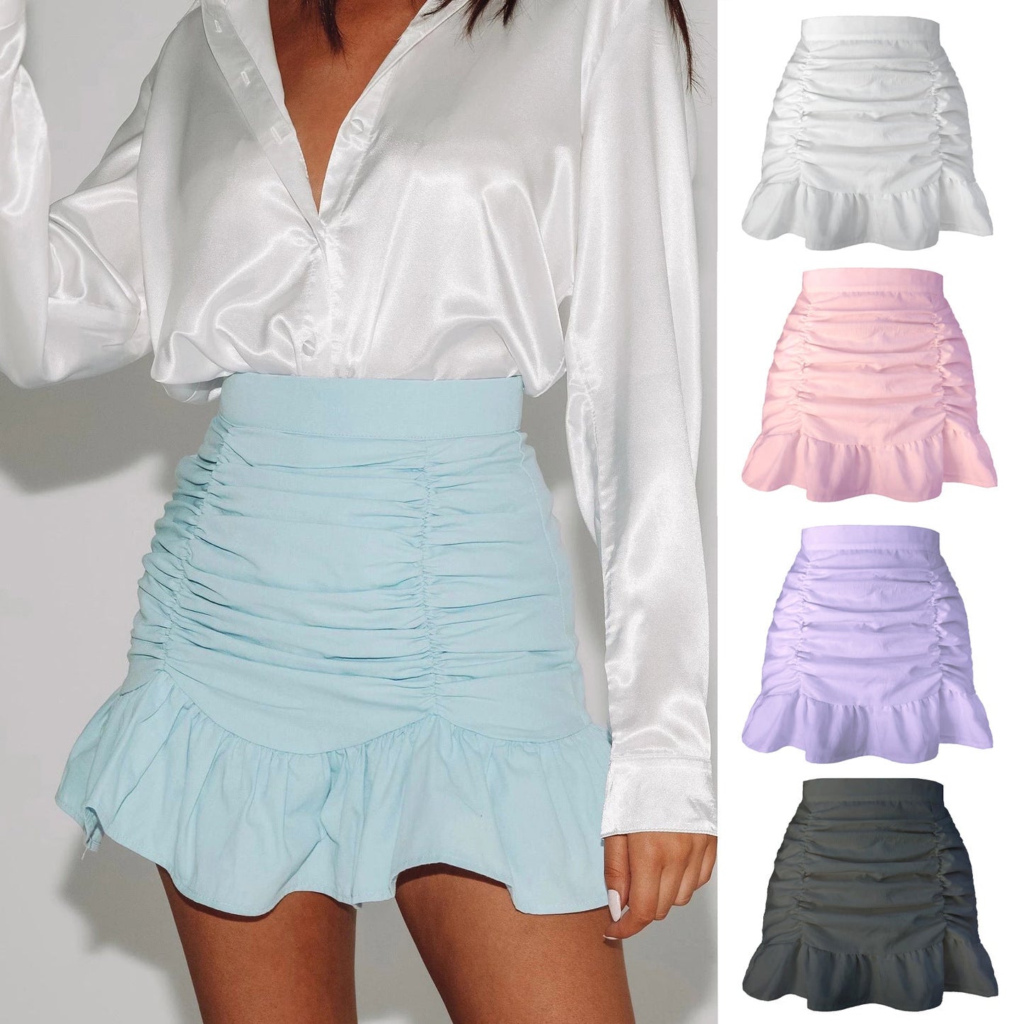 Skirt Solid Color Pleated Ruffled Zipper Skirt High Waist Sheath FishtailSkirt