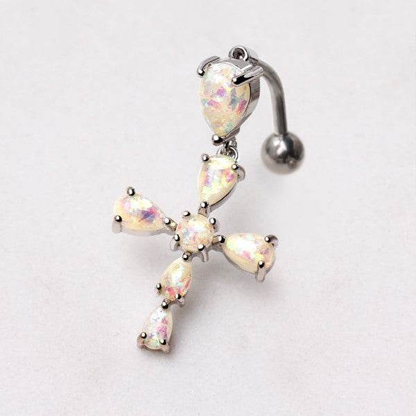 316L Stainless Steel White Synthetic Opal Cross