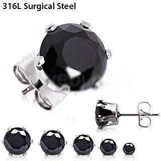 Pair of 316L Surgical Steel Black Round CZ Stud