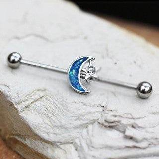 316L Stainless Steel Synthetic Opal Moon and Star