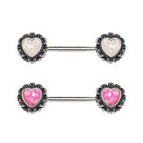 316L Stainless Steel Filigree Synthetic Opal Heart