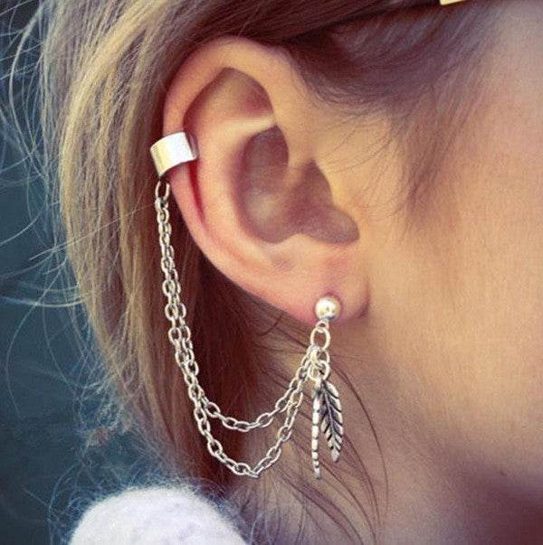 Silver Dangle Ear Cuff Clip Stud Wrap Earring