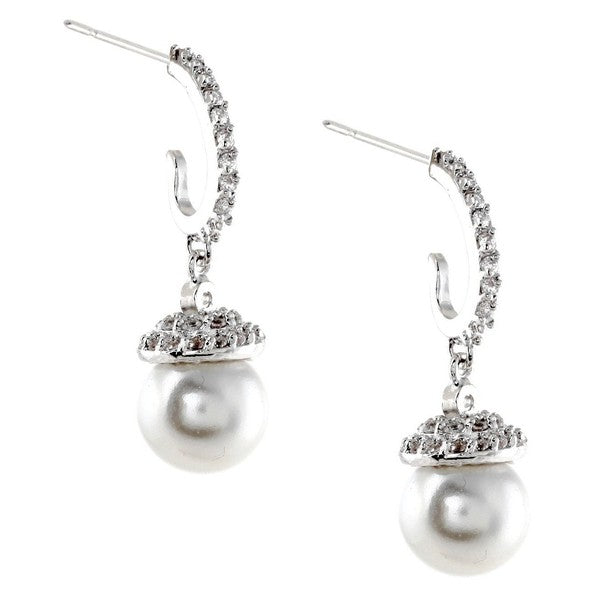 Rhodium Pearl Drop Cubic Zirconia Dangle Earrings