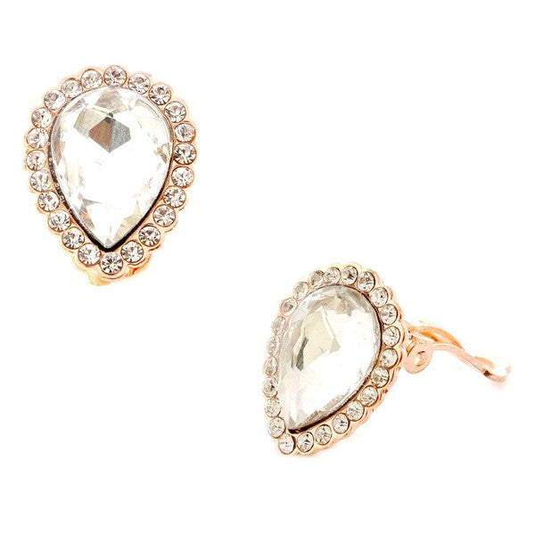 Bold Pear deco Rhinestone Clipon stud Earrings