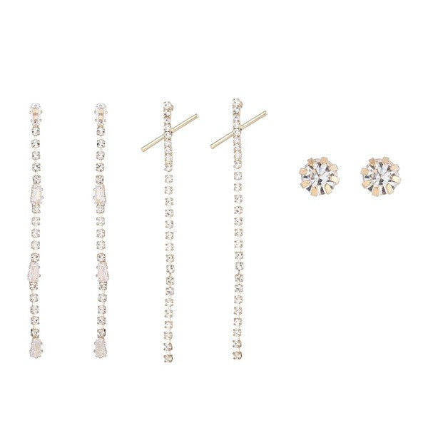 Crystal 3 Pair Dangle Stud Jewelry Earrings