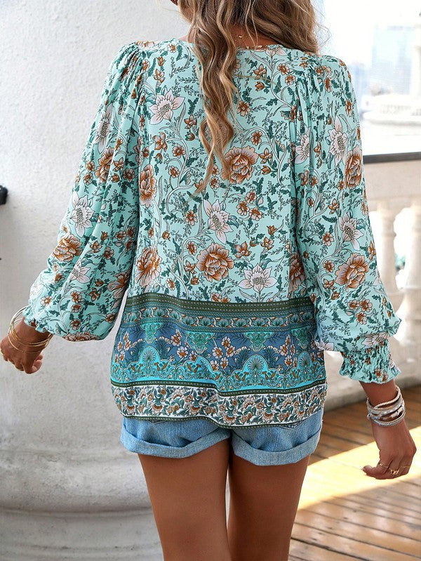 Women's Casual Boho V Neck Top Floral Blouses