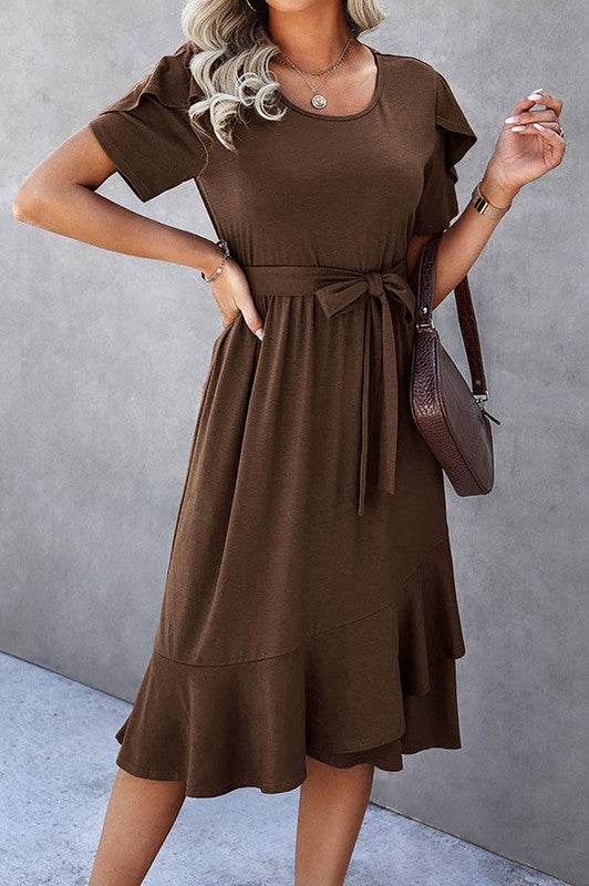 Petal Sleeve Ruffle Trim Wrap Belted Midi Dress