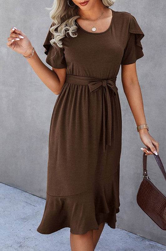 Petal Sleeve Ruffle Trim Wrap Belted Midi Dress