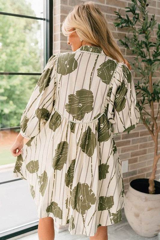 Floral Striped Print Piping Puff Sleeve Dress