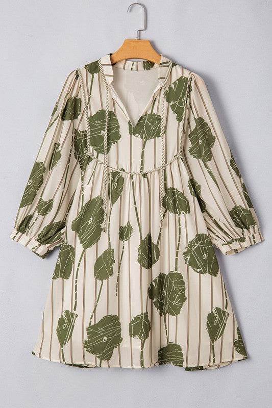 Floral Striped Print Piping Puff Sleeve Dress