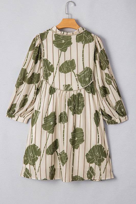 Floral Striped Print Piping Puff Sleeve Dress