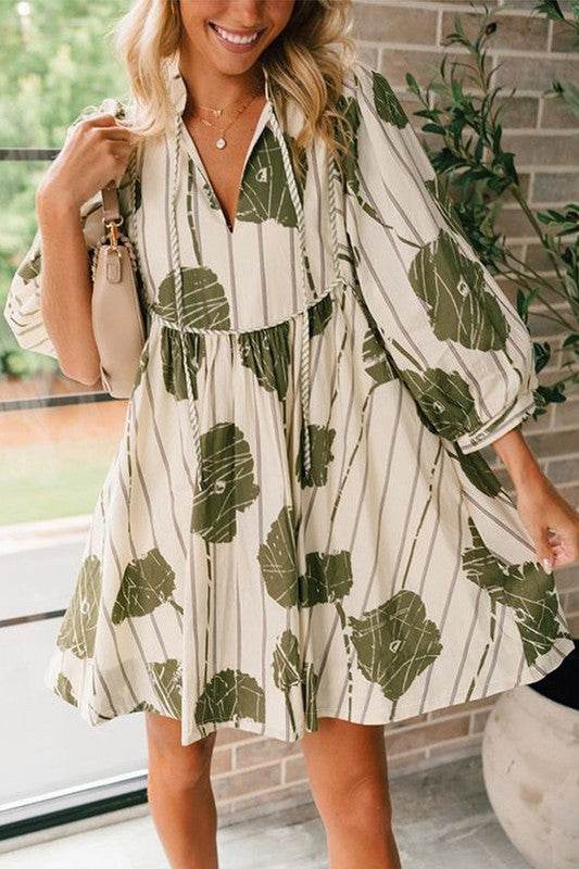 Floral Striped Print Piping Puff Sleeve Dress