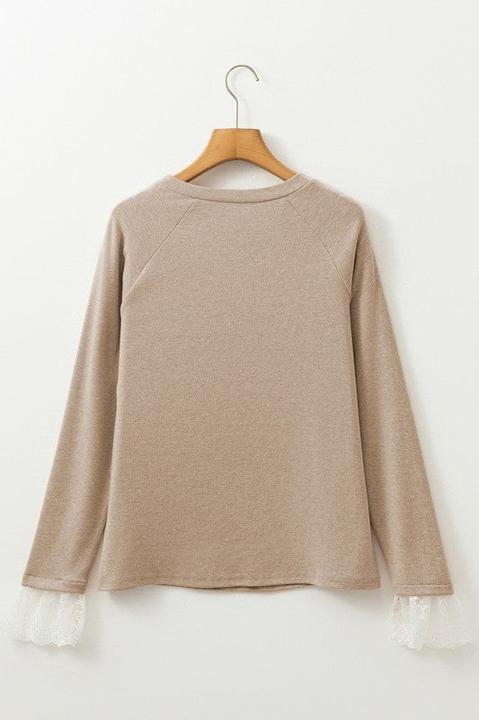 Seam Detail Lace Contrast Cuffs Raglan Sleeve Top