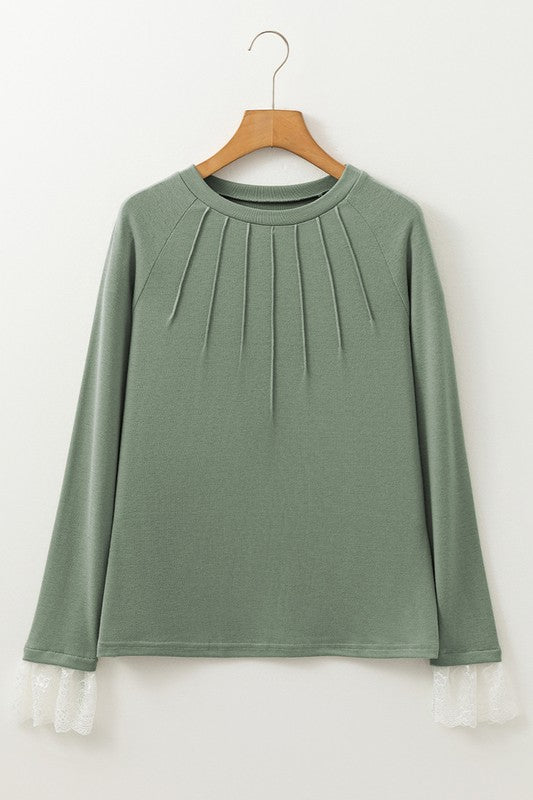 Seam Detail Lace Contrast Cuffs Raglan Sleeve Top