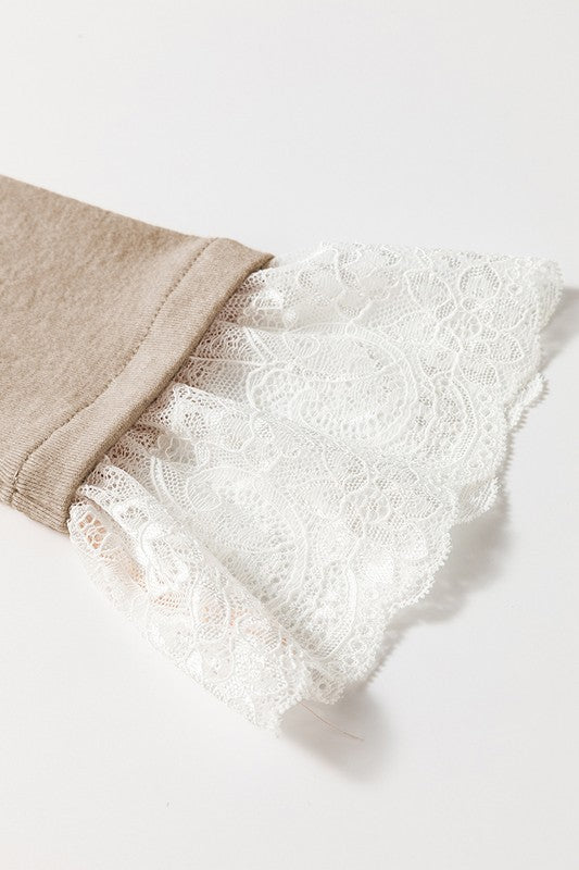 Seam Detail Lace Contrast Cuffs Raglan Sleeve Top