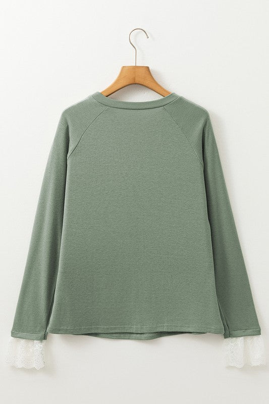 Seam Detail Lace Contrast Cuffs Raglan Sleeve Top