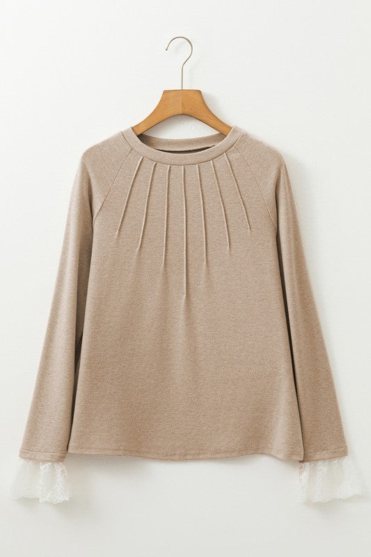 Seam Detail Lace Contrast Cuffs Raglan Sleeve Top