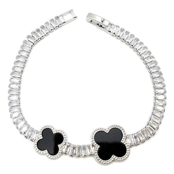 Clover Baguette Foldover CZ Bracelet Silver