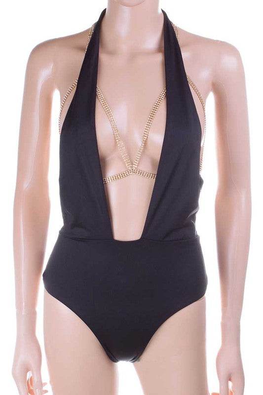 Cutout Rhinestone Mesh Triangle Bra Chain