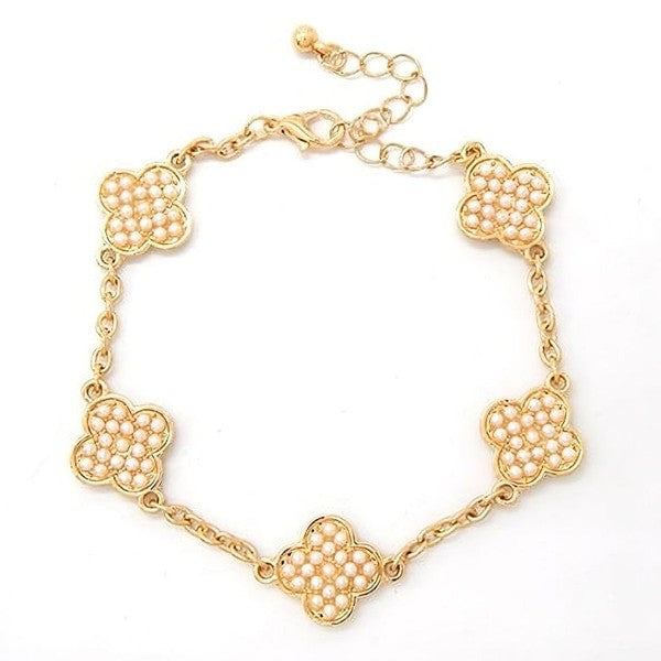 Rhinestone Faux Perals Clover Chain  Bracelet