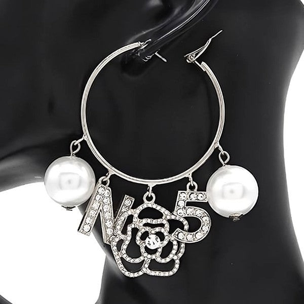 Flower N5 Pearls Dangle Hoop Earrings