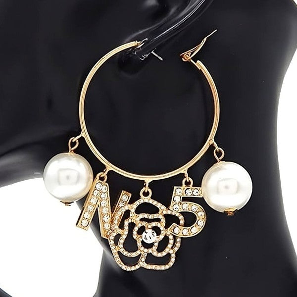 Flower N5 Pearls Dangle Hoop Earrings