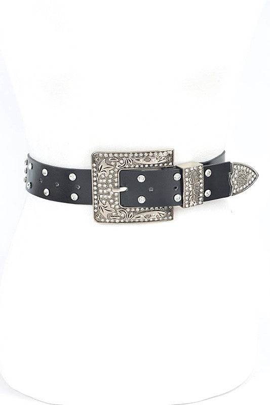 Engraved Buckle Crystal Metallic Belt