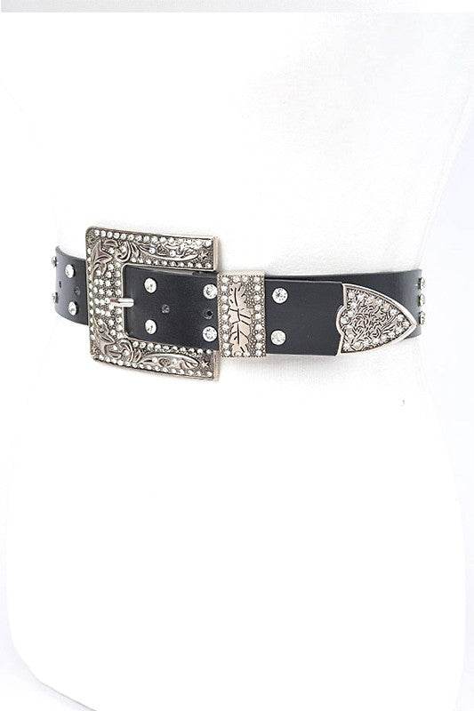 Engraved Buckle Crystal Metallic Belt