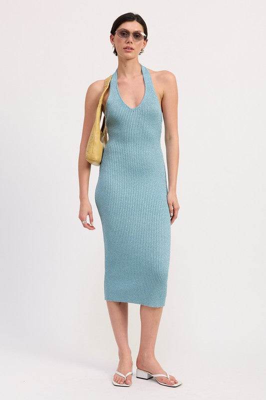 KNIT HALTER BODYCON MIDI DRESS