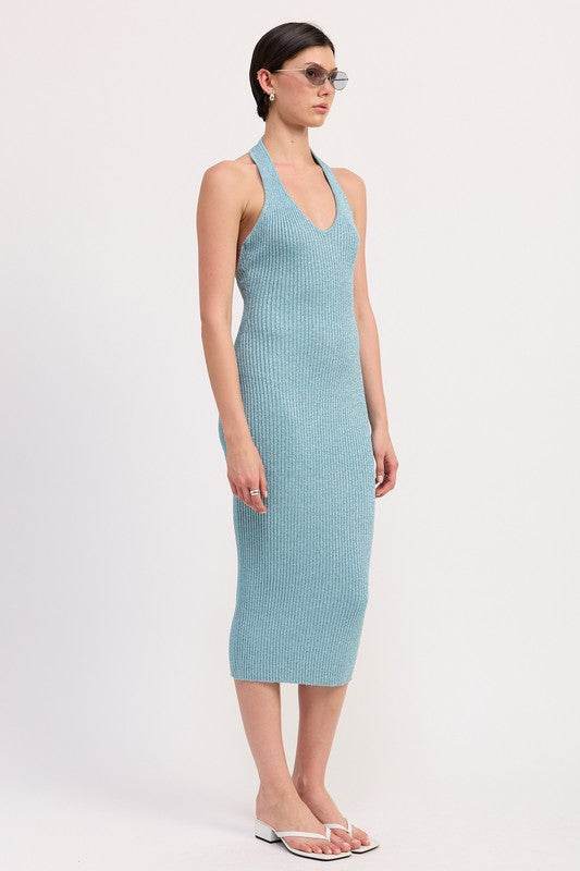 KNIT HALTER BODYCON MIDI DRESS