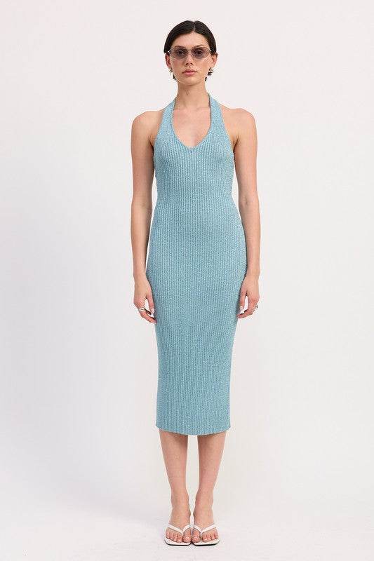 KNIT HALTER BODYCON MIDI DRESS