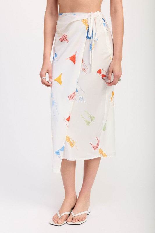 PRINTED SATIN MIDI SKIRT WITH SIDE RUCHE