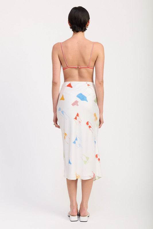PRINTED SATIN MIDI SKIRT WITH SIDE RUCHE