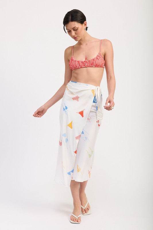 PRINTED SATIN MIDI SKIRT WITH SIDE RUCHE