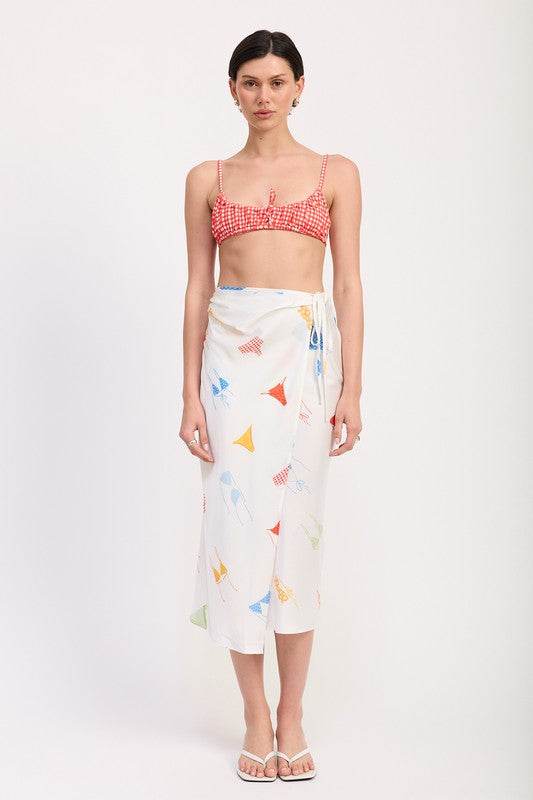 PRINTED SATIN MIDI SKIRT WITH SIDE RUCHE