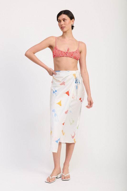 PRINTED SATIN MIDI SKIRT WITH SIDE RUCHE