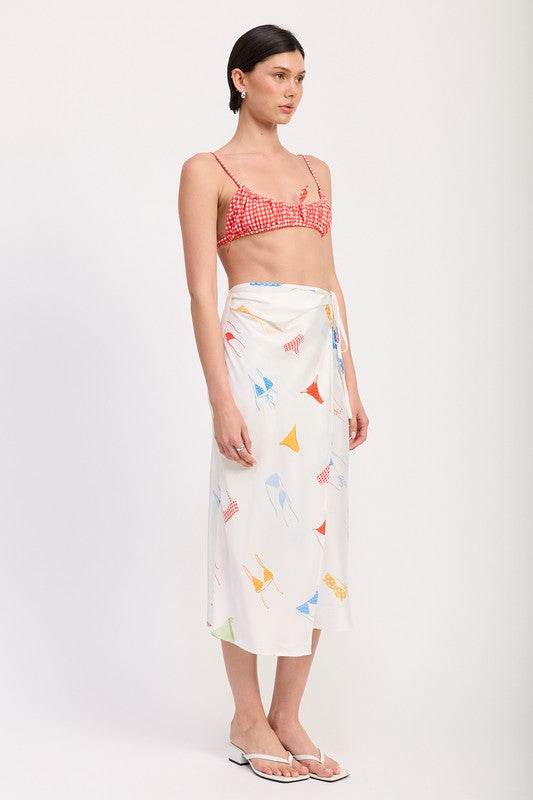 PRINTED SATIN MIDI SKIRT WITH SIDE RUCHE