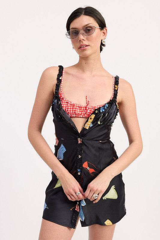 SATIN BUTTON UP BIAS CUT MINI DRESS