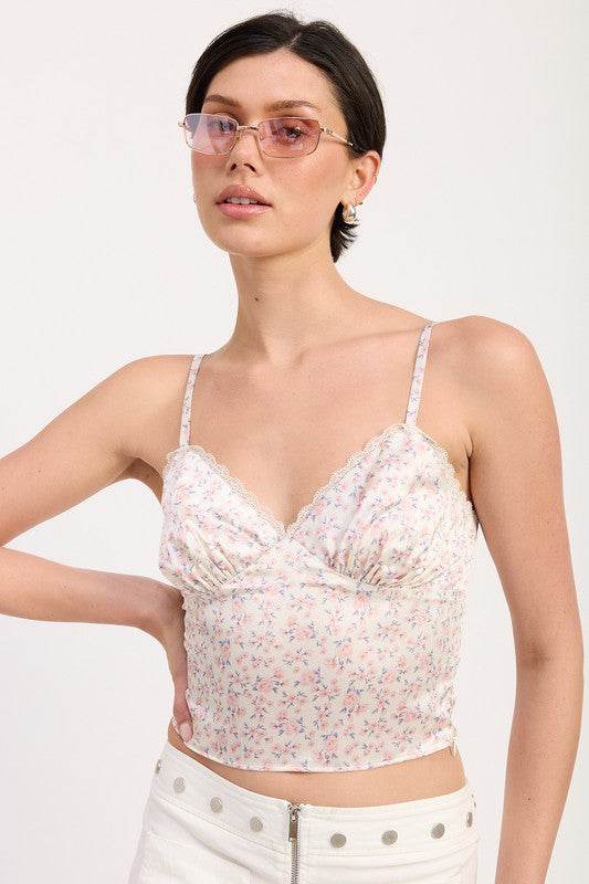 FLORAL SATIN CAMI TOP WITH LACE TRIM