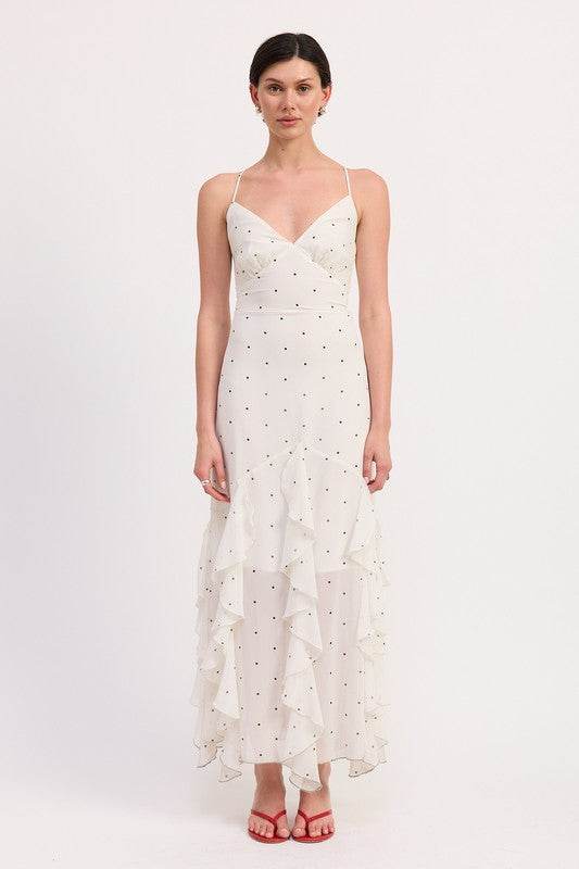 RUFFLED WRAP MAXI DRESS WITH CROSS BACK