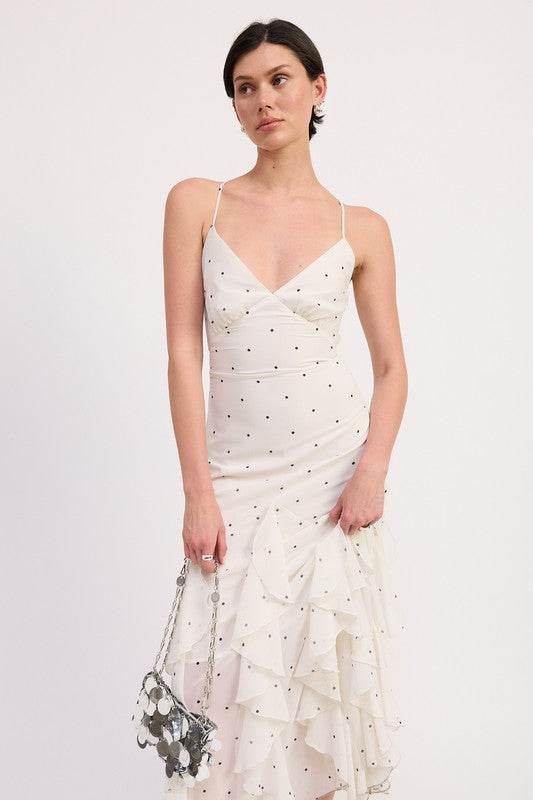 RUFFLED WRAP MAXI DRESS WITH CROSS BACK