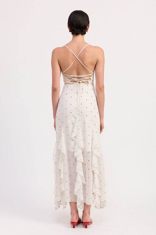 RUFFLED WRAP MAXI DRESS WITH CROSS BACK