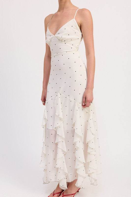 RUFFLED WRAP MAXI DRESS WITH CROSS BACK